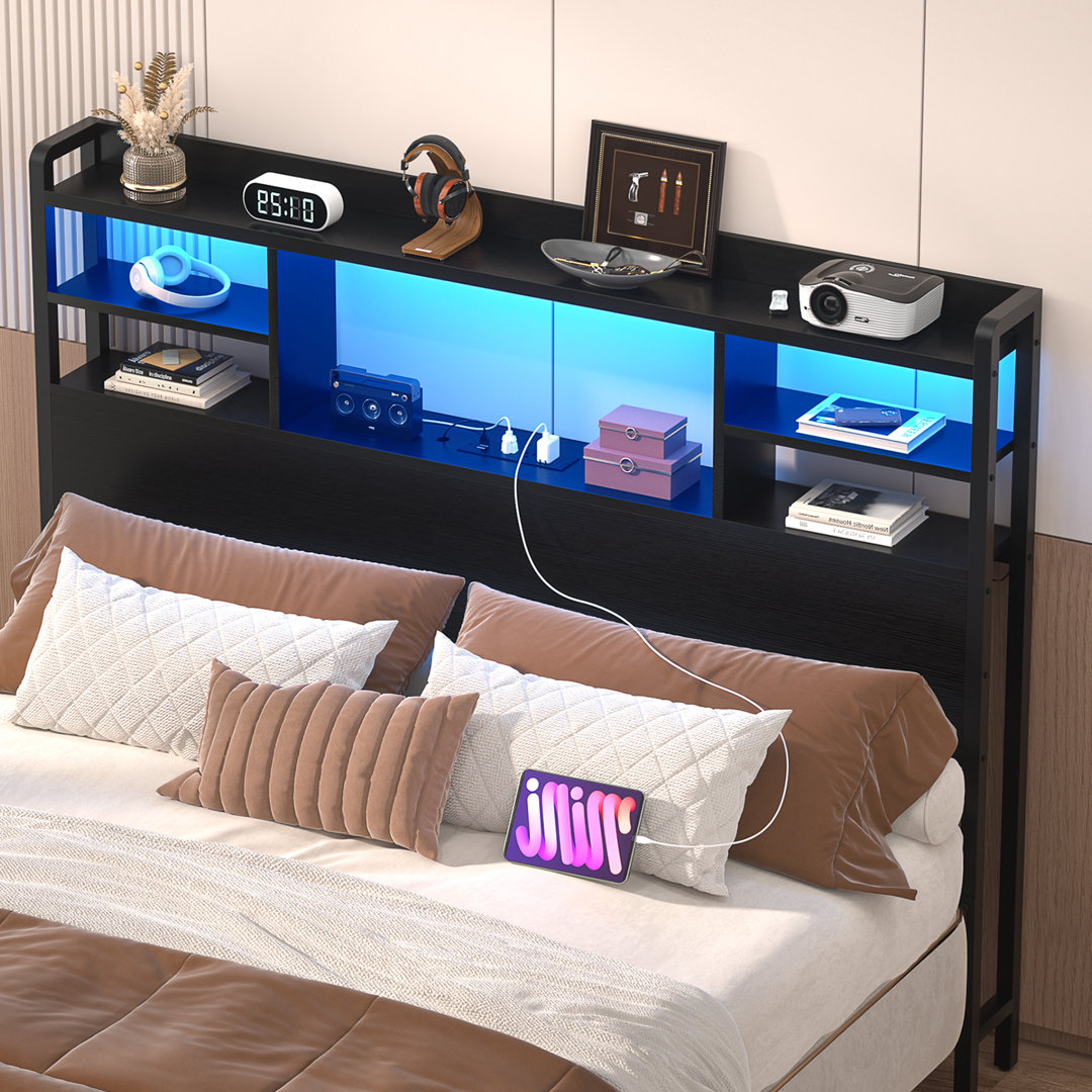 Storage Headboard with LED Lights, Bookcase Headboard with Charging Station
